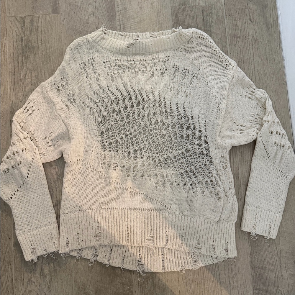 Zara Off-White Distressed Knit Sweater